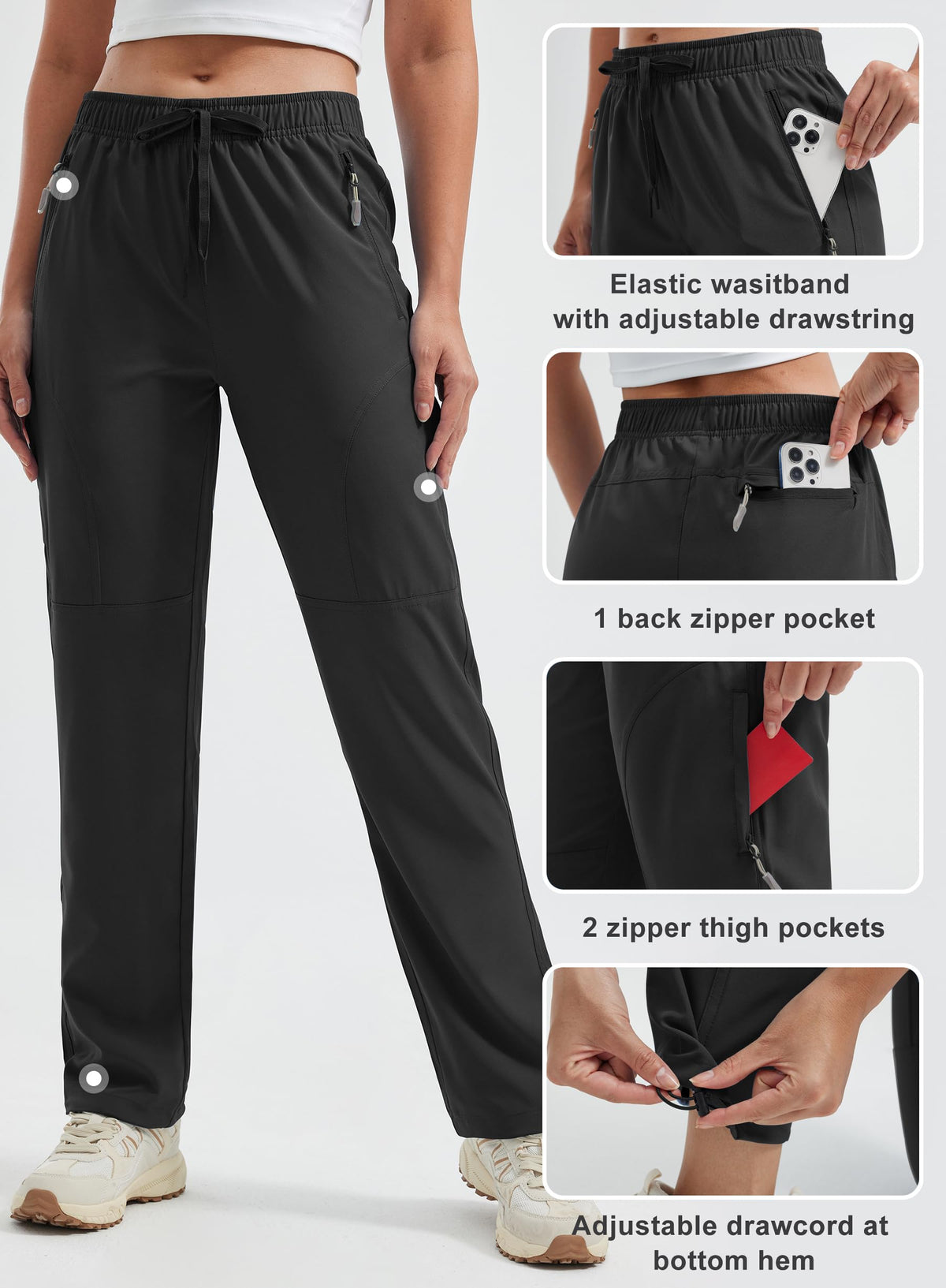 Libin Women's Hiking Pants Zipper Pockets Safari Travel Regular Black L