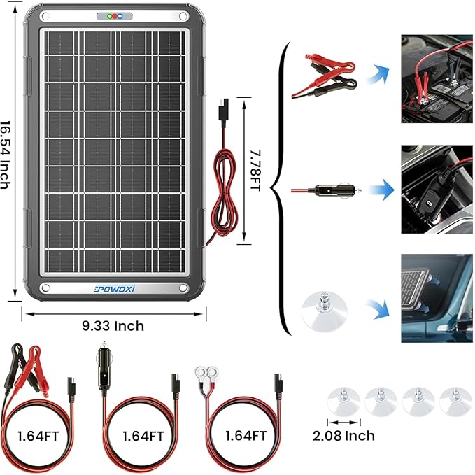 POWOXI 12V Solar Car Battery Charger: 15W Solar Trickle Charger Maintainer with MPPT Controller for Car - RV Boat Marine Motorcycle - Solar Panel Kit for Automotive Trailer Truck Snowmobile Tractor