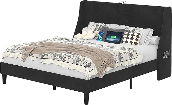 VECELO Queen Bed Frame with Upholstered Wingback Headboard, Heavy-Duty Platform Bedframe with Charging Station, Wooden Slats, No Box Spring Needed, Grey