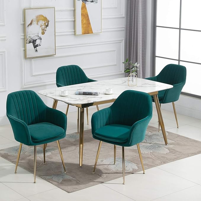 ECOTOUGE Modern Dining Chairs Set of 4, Upholstered Dining Room Chairs with Golden Metal Legs, Matte Velvet Kitchen Chairs for Dining Table, Accent Chairs for Living Room, Emerald Green