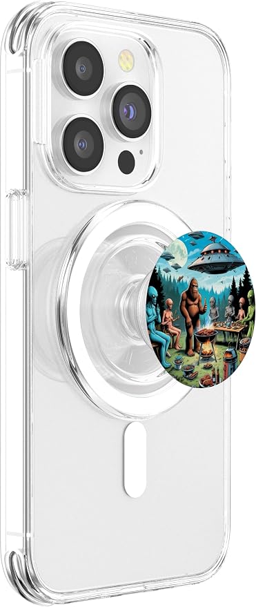 Alien and Bigfoot BBQ UFO Illustration Print PopSockets PopWallet for MagSafe
