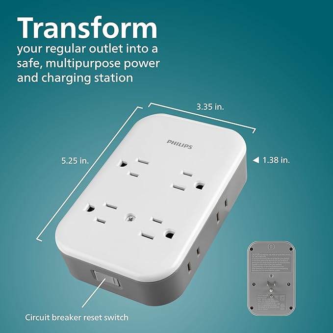 Philips All-in-One Surge Tap with USB, 4 Grounded & 4 Polarized Outlets, 2 USB-C & 1 USB-A Ports, 15W Shared, 1140 Joules, ETL Certified, White/Gray, SPP3453GW/37