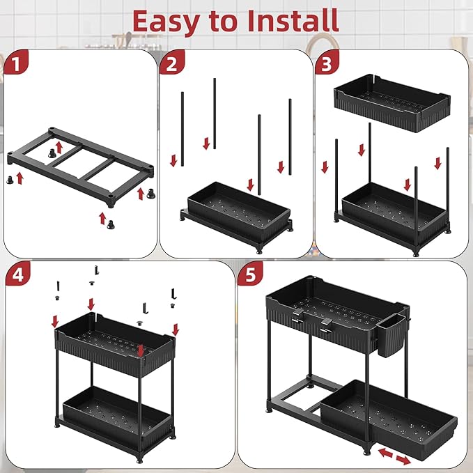 4 Pack Under Sink Organizer, Bathroom Organizers and Storage, 2 Tier Multi-Use Pull Out Cabinet Organizer with Hang Hooks and Cups (Black, 4 Pack)