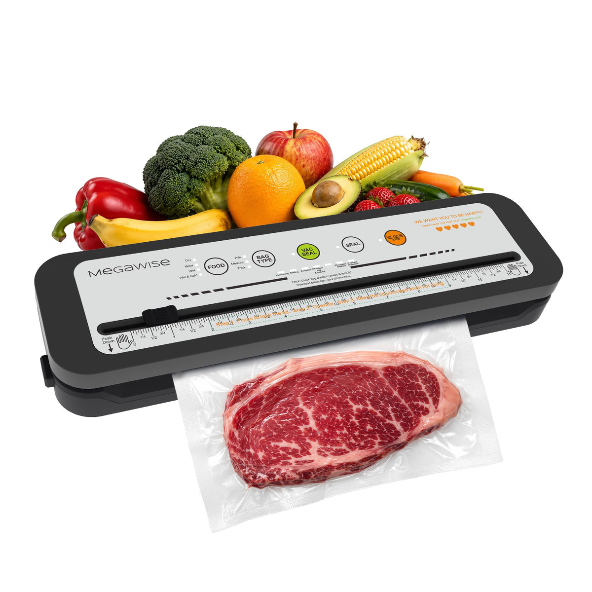 MegaWise Vacuum Sealer Machine, 80kPa Powerful Suction, One-Touch Automatic Food Sealer with Built-in Cutter & Bags Included, Dry Moist Modes for All Saving needs