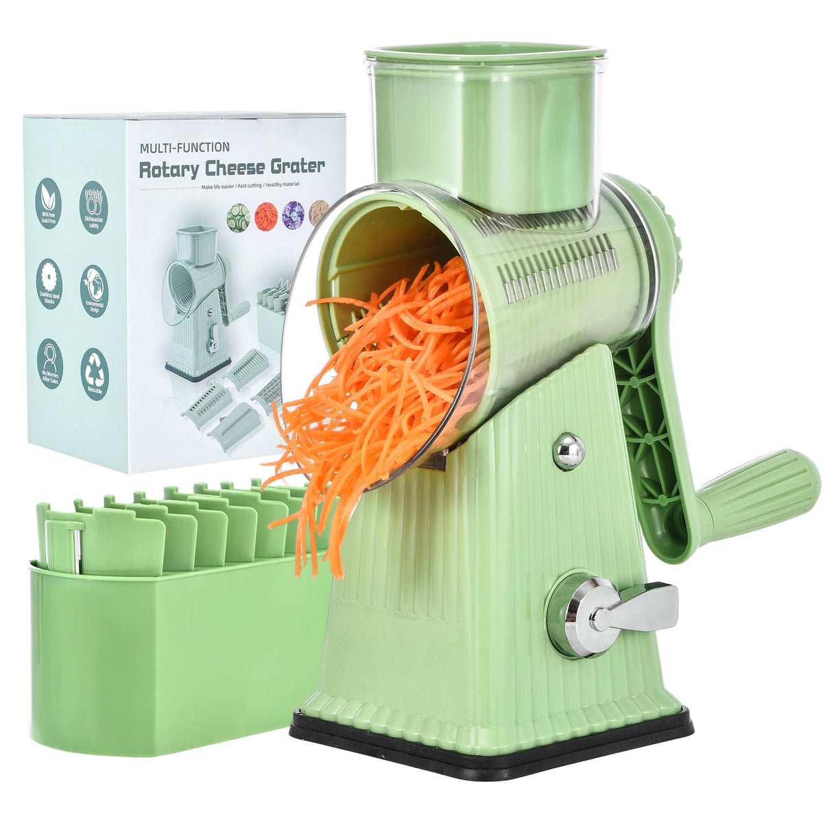 Xilrvna RotaryCheese Grater,VegetableShredder 5 in 1 Cheese Grater with HandleedderReinforcedSuction,EasytoClean,KitchenChopperforCrushedIce,Fruits and Nuts with Blade Storage Case(White