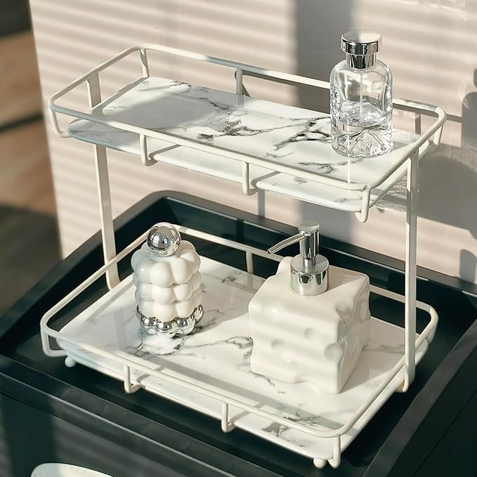Bathroom Organizer Countertop Perfume Organizer Makeup Organizer Cosmetics Storage Display Rack Vanity Tray Dresser Stainless Steel Gold Shelf White Marble Ceramic Tray (2 Tier L-Cream)