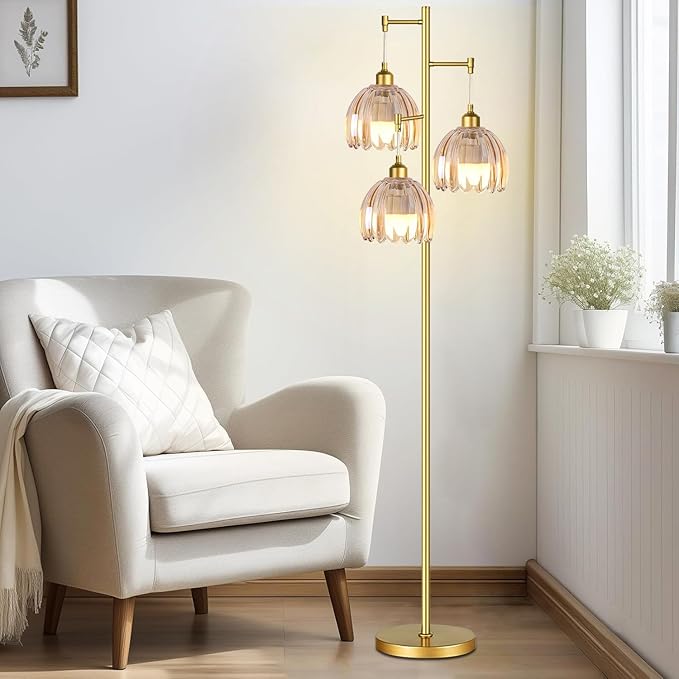 Gold Floor Lamps for Living Room Bedroom-3 Light Glass Floor Lamp with Three Led Bulb, Rustic Tall Floor Lamp Gold Standing Lamp Tree Floor Lamps for Living Room Bedroom,Office,Corner