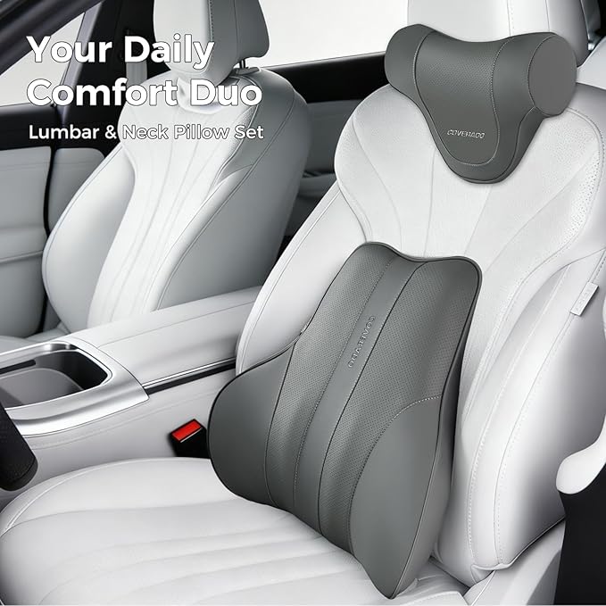 Coverado Lumbar Support Pillow for Car, Ergonomic Memory Foam Back Pillow for Office Chair, Back Cushion for Back Pain Relief, PU Leather Car Lumbar Support for Driving Seat - Gray