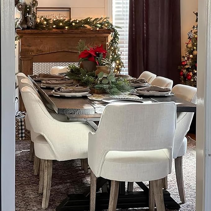 Farmhouse Dining Chairs Set of 2 Linen Kitchen Chairs with Arm Upholstered Accent Side Chair w/Wood Legs for Living Room/Dining Room/Bedroom/Restaurant, Upgraded Size, Cream