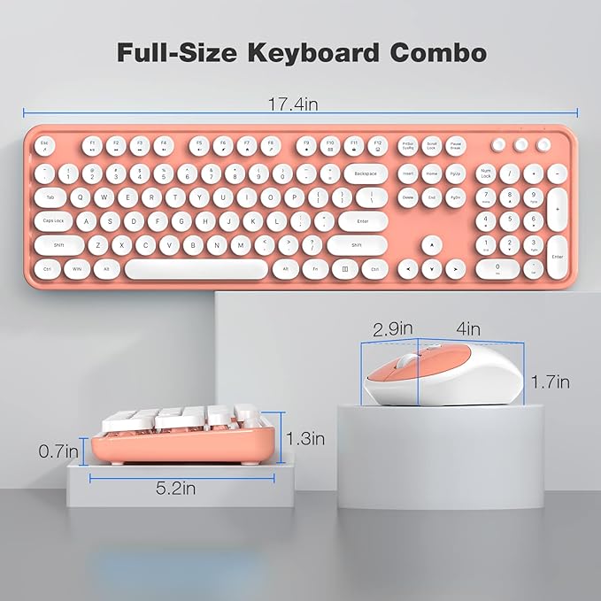 Wireless Keyboard and Mouse Combo, MOWUX Full Size Typewriter Retro Round Computer Keyboard, Mouse Wireless, Plug and Play, for Laptop, PC, Computer- Orange