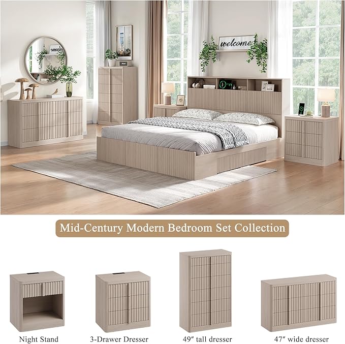 Fluted Dresser for Bedroom, 47" Wide Chest of Drawers, Modern 6 Drawer Dresser with Solid Wood Handle, Curved Profile Design, Wood Dressers Storage Organizer, Living Room, Hallway, White Alder