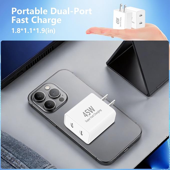 45W Dual USB-C Fast Charger 2-Pack & 4 Extra Long Cables for iPhone/Samsung | 4 Extra Long Type C to C Cables (3/6/10/10FT). Fits iPhone 17/16/15 Pro Max Galaxy S25/S24 Ultra iPad & Pixel
