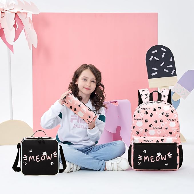 Backpack for School Kids Backpacks for Girls Bookbag Set Backpacks for Teen Girls with Lunch Box Pink Cat Preppy Backpack for School