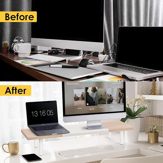 Dual-Monitor-Stand-Riser-For-Desk Adjustable Length 32-40 Inch,Large Desktop Computer Monitor Riser For 2 Screens,Desk Shelf Organizer Riser Stand For Computer/Laptop/PC/Printer/TV Maple