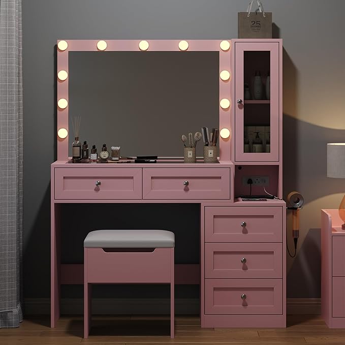 43" W Vanity Desk with Mirror & 11 Lights, 5 Drawer Modern Makeup Desk with Glass top & Cushioned Stool, 3 Lighting Modes Brightness Adjustable,Power Outlet,Bedroom,Pink