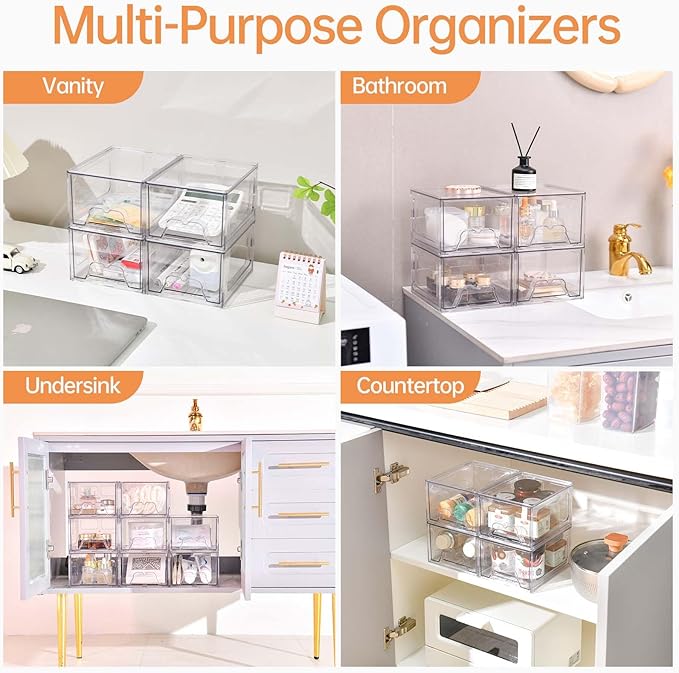 4 Pack Stackable Makeup Organizer, 4.4'' Tall Acrylic Bathroom Makeup Organizer and Storage Drawer with Pull-out Handle, Clear Plastic Storage Bins for Vanity,Pantry,Desk,Undersink,Kitchen