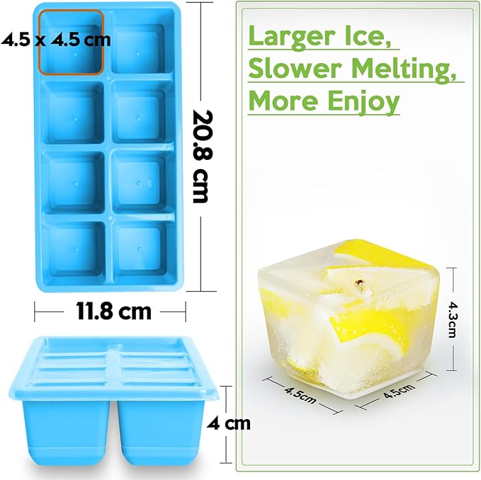Large Ice Cube Trays with Lid, Jrisbo 2 Pack Stackable Silicone Ice Cube Molds for Freezer, Easy Release 16 Big Square Ice Trays for Whisky Cocktails (Pure Gray)