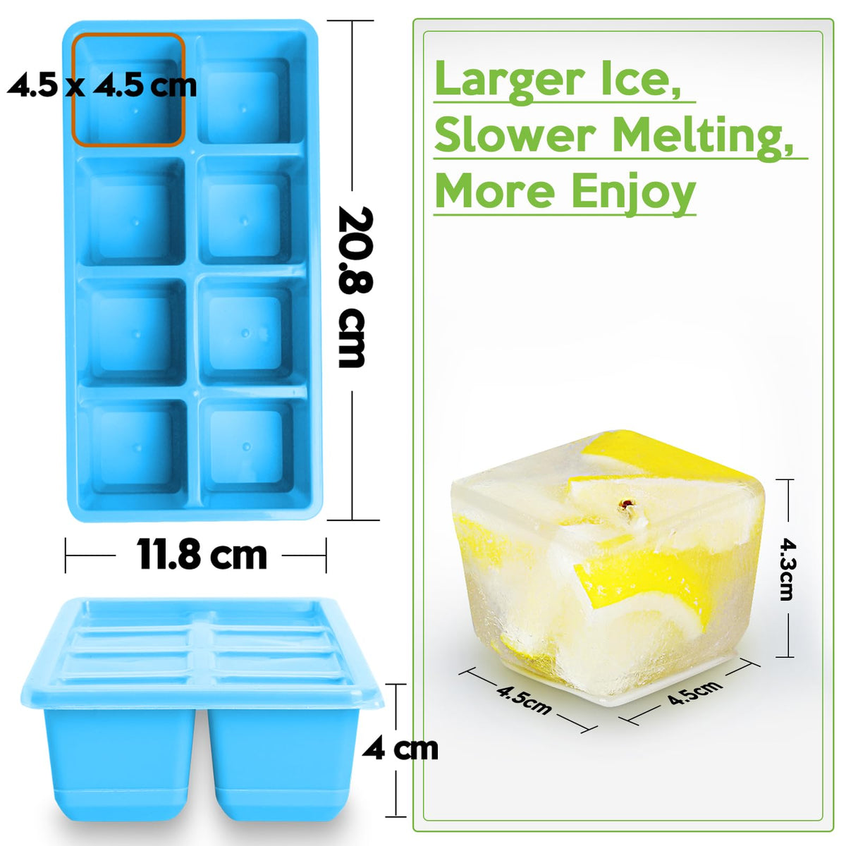 Large Ice Cube Trays with Lid, Jrisbo 2 Pack Stackable Silicone Ice Cube Molds for Freezer, Easy Release 16 Big Square Ice Trays for Whisky Cocktails (Pure Gray)