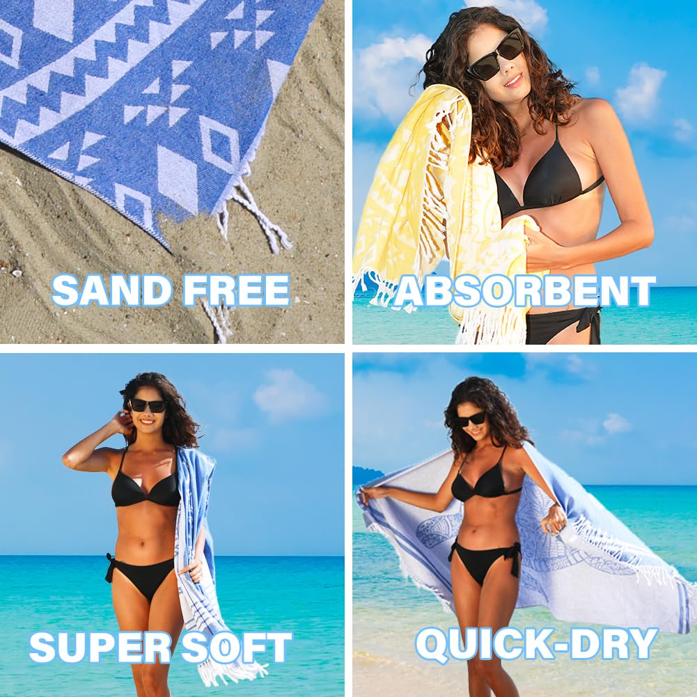 Widdonen Turkish Beach Towel Quick Dry Absorbent Cotton Lightweight Thin Bathroom Bath Pool Swim Towels Extra Large Oversized Sand Free Beach Accessories Essentials Stuff Cloud Gift for Adults