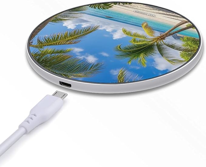 Tropical Palm Tree Hawaii Beach Wireless Charger Portable Fast Charging Pad Lightweight Wireless Charging Pad 10W Slim Charging Station for Phone Charger Mat for Travel Home Office Desk