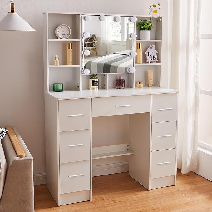 Vanity Desk with Mirror Lights, Makeup Desk with 7 Drawers and Cabinet, 3 Lighting Modes, White Vanity Set with Chair Stool for Bedroom