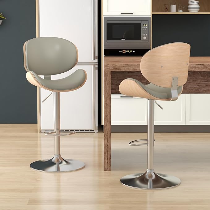 KCC Bar Stools Set of 6, Swivel Adjustable Height Barstools, PU Leather Upholstered Bar Chairs with Footrest, Bentwood Bar Stool for Kitchen, Bar, Dining Room(Grey PU)
