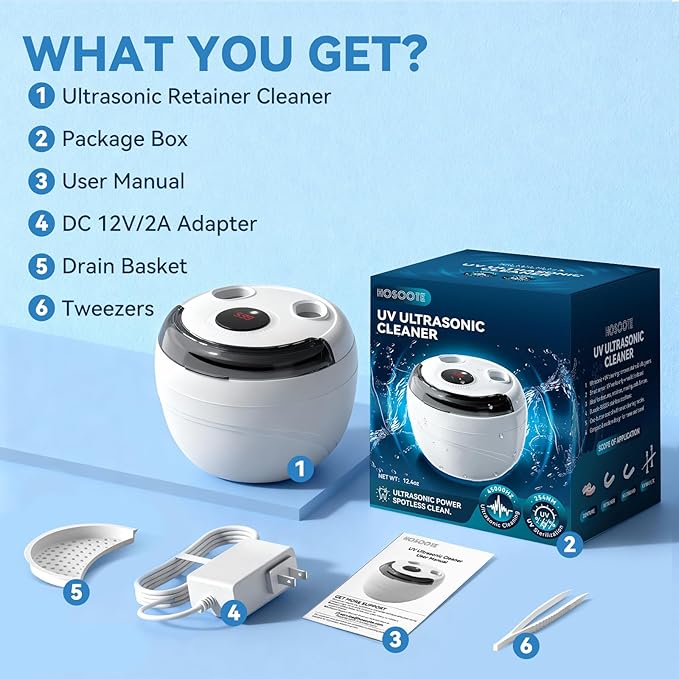 Hosoote Dental Ultrasonic Retainer Cleaner Machine, 45kHz Cleaning Pod, 200mL, 4 Modes & Digital Timer for Dentures, Aligners, Mouth Guards, Night Guards, Braces, Toothbrush Heads, Jewelry