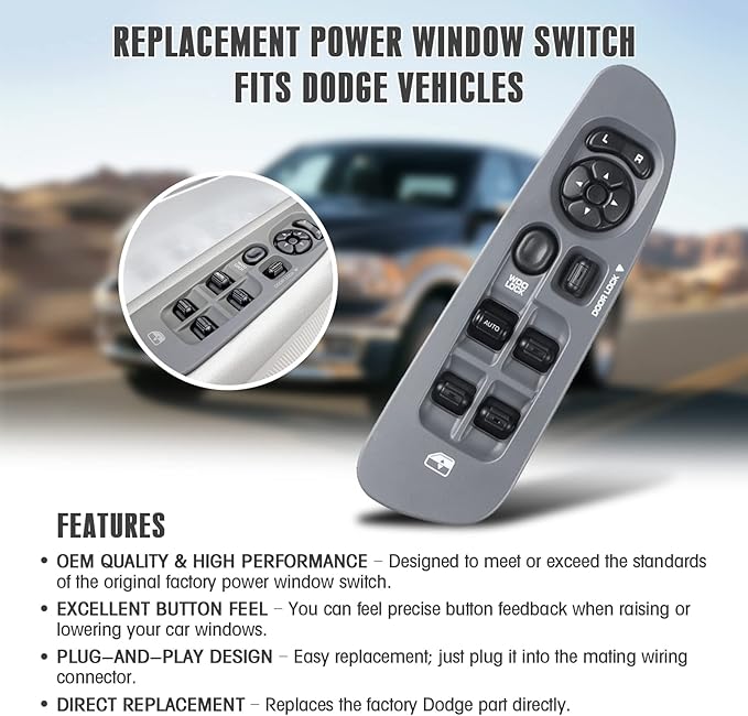 Master Power Window Switch and Bezel 56049805AB for 2002-2009 Dodge Ram 1500 2500 3500, 2001-2004 Dodge Dakota, 2001-2003 Dodge Durango,2005-2009 Dodge Sprinter 2500 3500 (Gray)