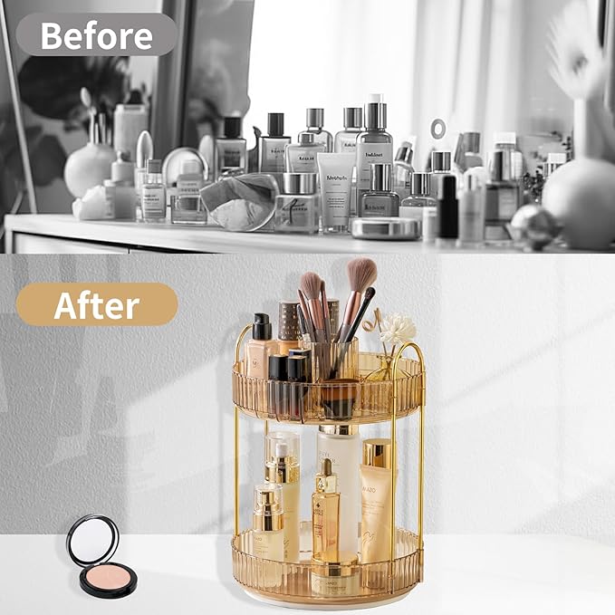 Asayuee 360 Rotating Makeup Organizer,2 Tier Large Capacity Make Up Organizers and Storage,Skincare Perfume Vanity Organizers,Bathroom Cosmetics Storage Organizer Countertop(Gold)