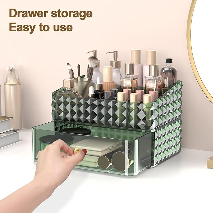 Makeup Organizer for Vanity, Stackable Cosmetics Organizer and Storage, Cosmetic Display Cases with 1 Drawers and 1 Tray for Makeup Brush, Hair Accessories, Lipstick and Jewelry, Green