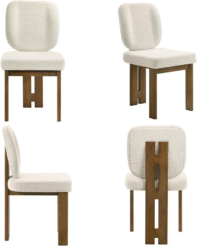 Modern Farmhouse Dining Chairs Set of 4, Boucle Upholstered Wooden Kitchen Chairs with Back, Walnut Wood Legs, Beige