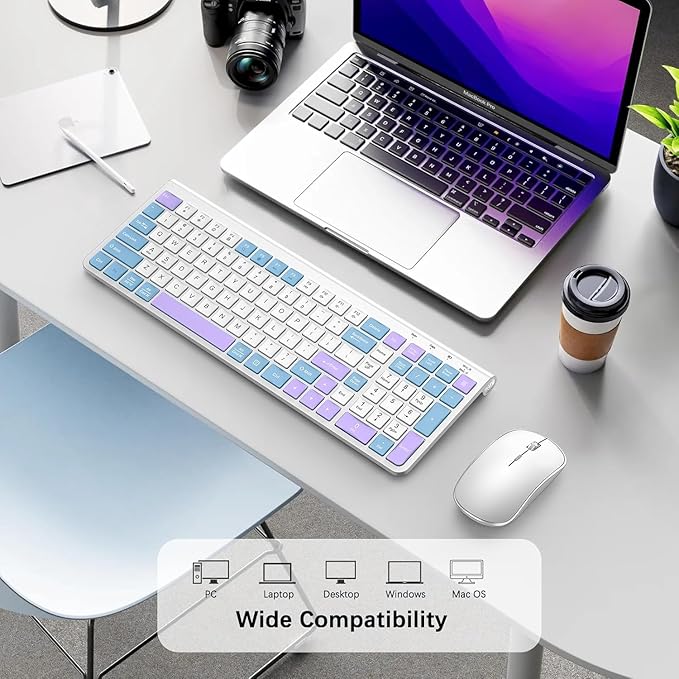 JOYACCESS Wireless Keyboard and Mouse Combo, Typewriter Ergonomic Wireless Keyboard with Number Pad and Computer Mouse for PC Laptop Desktop Computer - Purple Blue