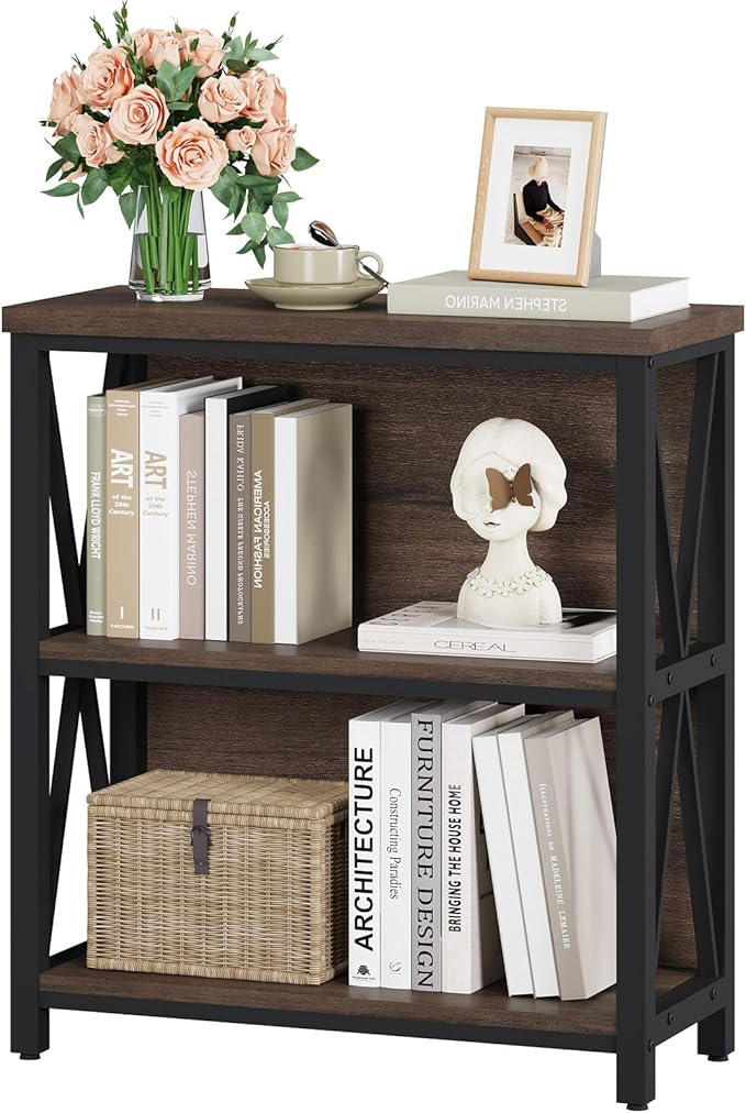 FATORRI Small Bookshelf, Rustic Book Shelf for Small Space, Low Short Bookcase, Industrial Wood and Metal Bookshelf and Bookcase for Living Room (Rustic Brown)