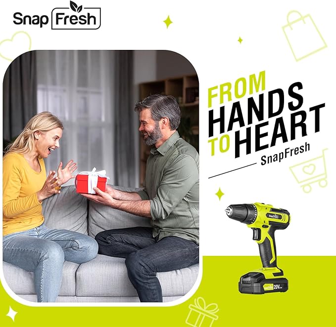 SnapFresh Cordless Drill, 20V Power Drill Set with 2 Variable Speed, 21+1 Torque Setting, Lightweight, LED, 43pcs Drill Bits, Impact Drill Set for Home, DIY (Battery & Charger Not Included)
