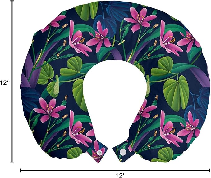 Ambesonne Exotic Travel Pillow Neck Rest, Flourishing Nature Themed Pattern Inspired by Brazilian Rainforests Summer Nature, Memory Foam Traveling Accessory for Airplane and Car, 12", Pink Green