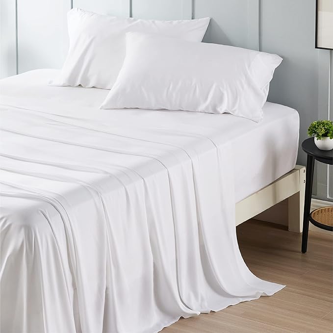 Bedsure California King Sheet Sets, Cooling Sheets, Rayon Derived from Bamboo, Deep Pocket Up to 16", Breathable & Soft, Hotel Luxury Silky Bedding for Hot Sleepers, White