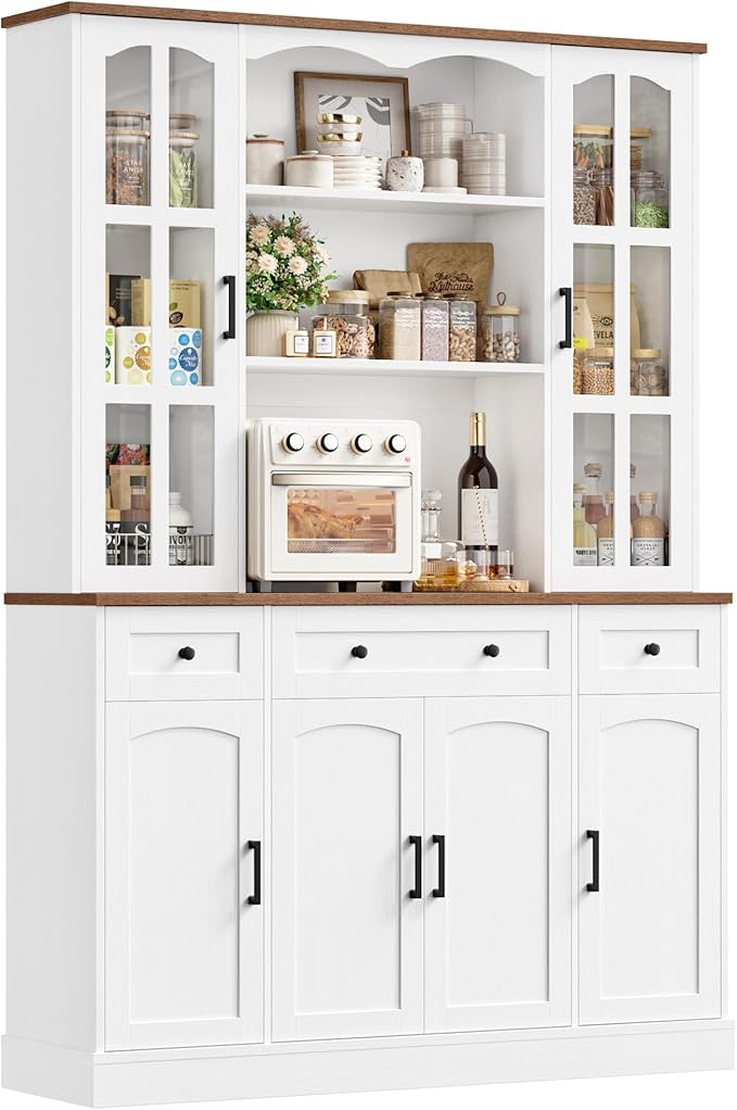 Keyluv 74.8" Tall Pantry Cabinet with Microwave Stand, Large Storage Kitchen Hutch with 3 Drawers & Adjustable Shelves, Arched Glass Door Buffet Cabinet for Kitchen, Dining Room, Living Room, White