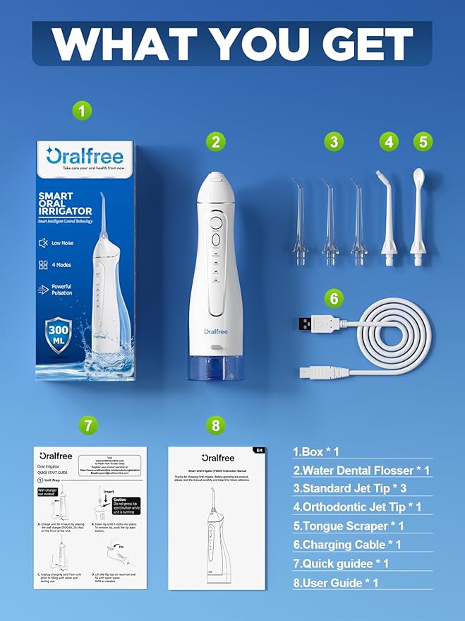 Oralfree Water Dental Flosser Cordless for Teeth Cleaning - 4 Modes Oral Irrigator 300ML Braces Flossers Cleaner, Rechargeable Portable IPX7 Waterproof Powerful Battery for Travel Home