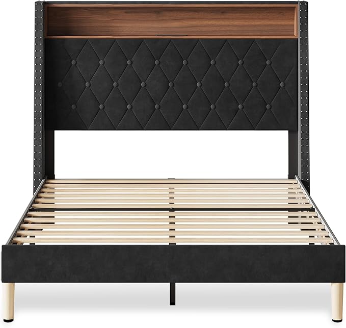 WLIVE Full Size Upholstered Bed Frame with Storage Headboard, Velvet Square Tufted Platform Bed with Charging Station, Sturdy Metal & Wooden Slats Support, No Box Spring Needed, Black