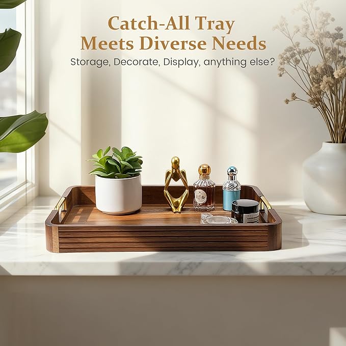 Acacia Wood Serving Tray with Metal Handles – 17x12in Rustic Decorative Ottoman & Coffee Table Tray for Breakfast in Bed, Dinner, Bar, Kitchen, Home Décor & Entertaining
