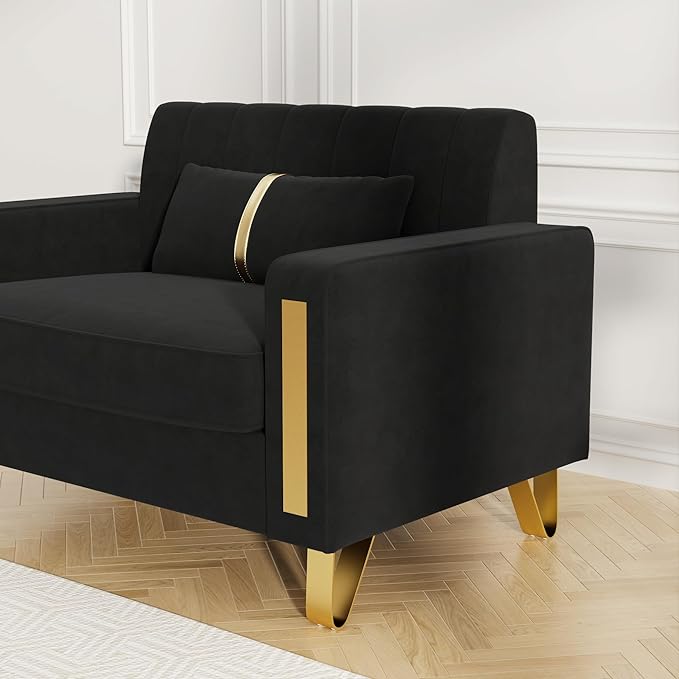Couch 85.62" 3 Seats Sectional Velvet Fabric Sofa Easy Assemble Sofa Bed with 2 Couch Pillows,Gold Metal Legs for Living Room (P17, Black(3+3+1))