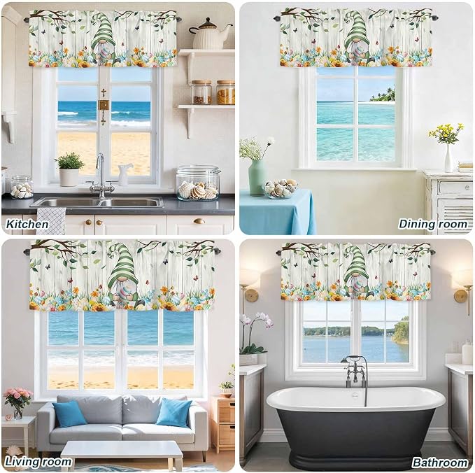 Easter Gnomes Curtain Valances for Windows, Kitchen Valance Window Treatment
