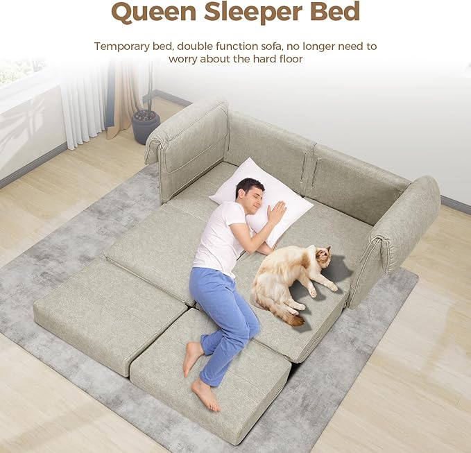 FHFO Loveseat Sleeper Sofa, Convertible Couch Bed Loveset Small Couchs for Small Spaces, 3 in 1 Pull Out Sofa Bed Modern 65" Comfy Futon Sofa Bed Queen for Living Room, Bedroom, Apartment (Beige)