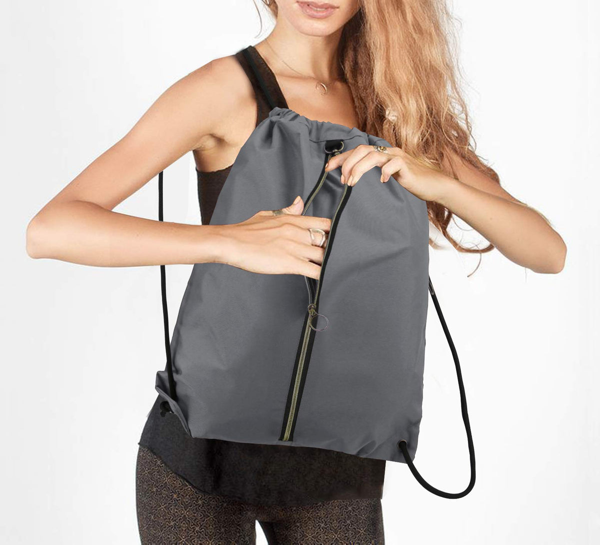 BeeGreen Grey Drawstring Backpack with 3 Zipper Pocket and 2 Inside Pouch,19.2 "x 15" Large Sports Gym Drawstring bag Draw String Bags Pack