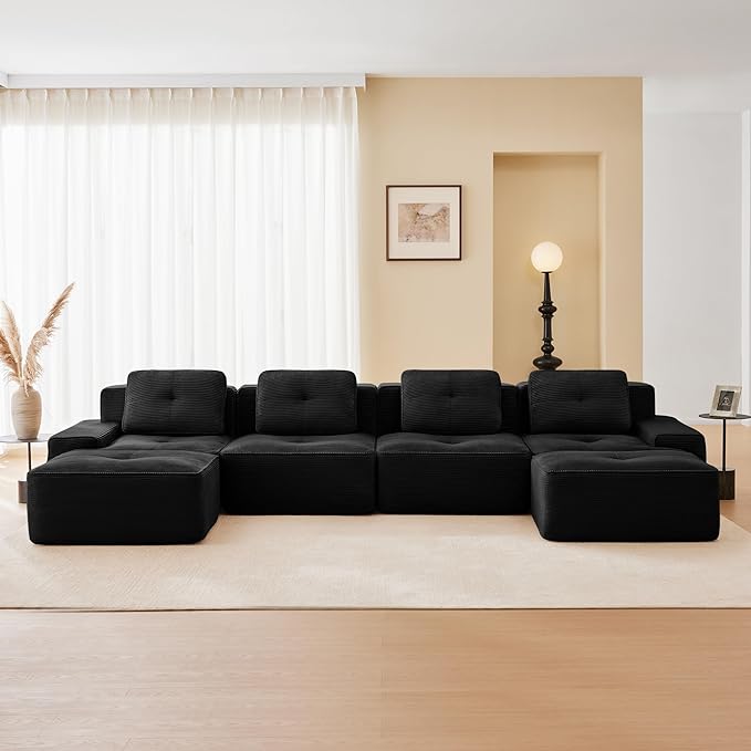 150.4'' Sectional Sofa, 32D Foam Corduroy Boneless Couch with Pillow, Deep Seat Wide Arm Sectional U Shaped Couch for Living Room, Apartment, Bedroom