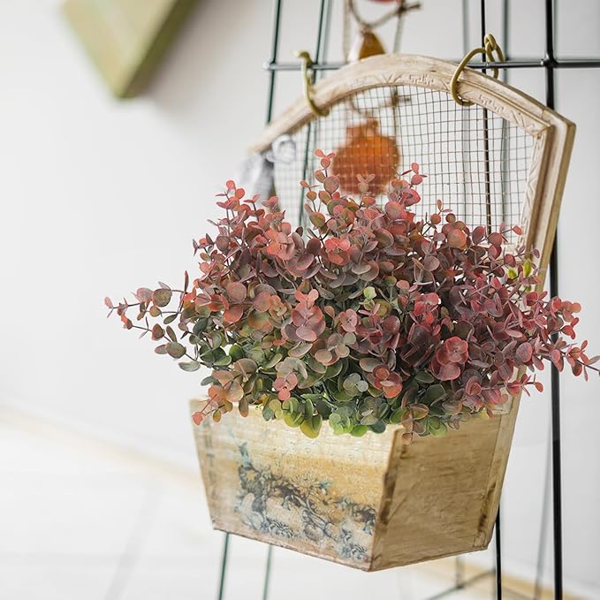 RECUTMS 20 Bundles Artificial Plants Outdoor Faux Plant Eucalyptus Stems Artificial Bushes Boxwood Bushes for Farmhouse Bathroom Office Vase Centerpiece Indoor Outdoor Decor(Dusty Red)