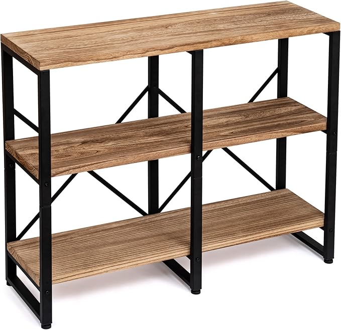 3 Tier Solid Real Wood Bookshelf Rustic Industrial Style, Wooden Storage Shelves Etagere Bookcase Book Shelf Display Shelf for Home Office