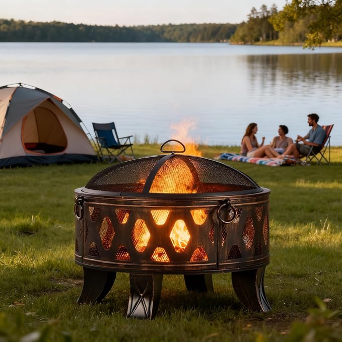 Breezz 26 Inch Wood Burning Fire Pit with Cooking Grill and Spark Screen, Outdoor Metal Round Firepit for Patio, Backyard, Bonfire Party, Camping and Garden