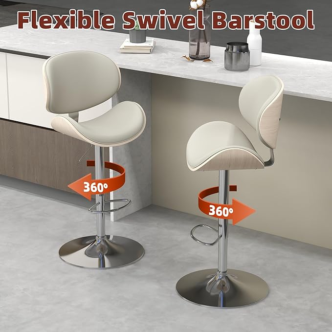 civama Bar Stools Set of 3 for Kitchen Counter, Adjustable Bar Height Chairs, Modern Swivel Barstools with Bentwood Seat and Back with Footrest for Kitchen Island, Dining Room, Grey PU Leather