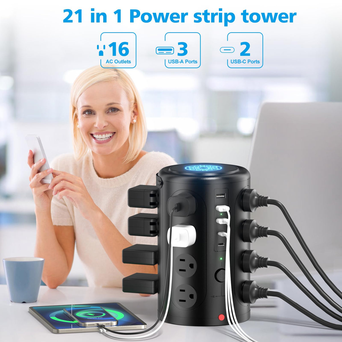 Tower Power Strip Surge Protector with 16 Outlets and 5 USB Ports (2 USB-C), 6FT Extension Cord with Multiple Outlets,Heavy Duty Charging Station,Home Office Dorm Room Essentials. No Wireless Charging